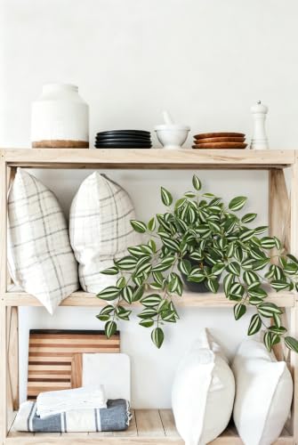 Briful Artificial Potted Plant Indoor, 19.6" Faux Watermelon Peperomia Trailing Plant in Black Pot, Realistic Fake Plants with Cascading Green Leaves for Cabinet Shelf Bathroom Office Desk Home Decor - color: White Green Stripe