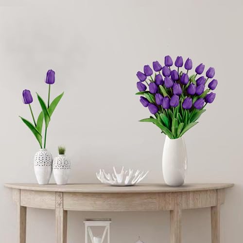 Sggvecsy 15 Pcs Fake Tulips Artificial Flowers Real Touch PU Faux Flowers Tulip Stems for Wedding Spring Bouquet Floral Arrangement Home Party Office Decorations for Mother's Day (Purple) - color: Purple, size: 15 Pcs