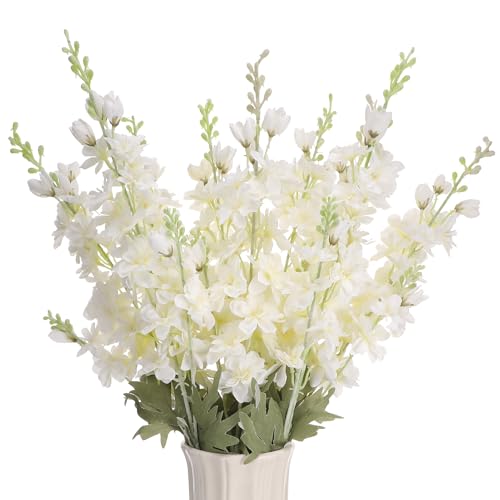 10 Pcs Delphinium Artificial Flowers for Decoration, 33.86 Inch Long Stem Larkspur Fake Flowers Light Blue Faux Silk Bouquets for Tall Vase Wedding Home Decor Floral Arrangements(White) - color: White, size: 33.86 inch