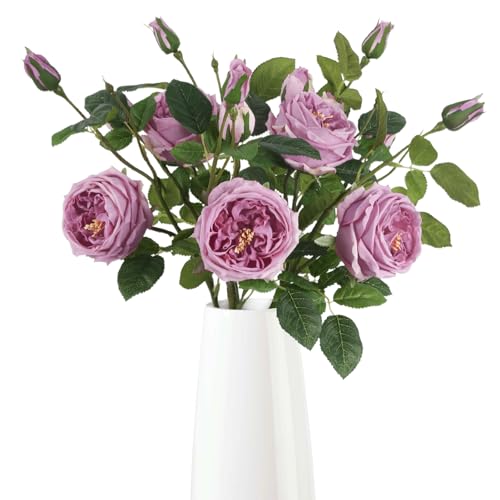 Real Touch Purple Austin Roses Peonies Artificial Flowers 4 Bouquets Latex Fake Peonies with Long Stem Realistic Faux Peonies for Wedding Party Home Table Centerpieces Decor (Deep Purple) - color: Deep Purple