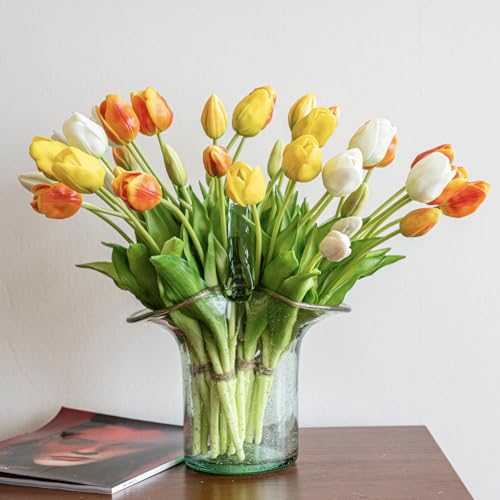 DUYONE 40pcs Artificial Tulips Flowers,Soft Touch Latex Bouquet,Fake Tulips for Office Wedding Party Home Kitchen Garden Decoration - color: 40pcs Orange Set (No Vase)