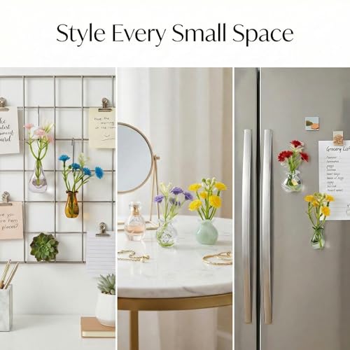 10-Pack Magnetic Mini Glass Vases Set with 30+ Flowers - Strong Magnet Decor for Fridge, Locker and Office - Small for Mom and Women - color: Glass