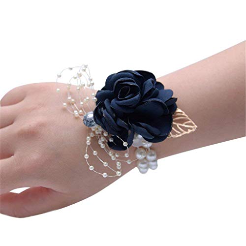 Rose Wedding Wrist Corsage and Boutonniere Set Party Prom Hand Ribbon Flower Suit Decor (Dark Blue) - color: Dark Blue