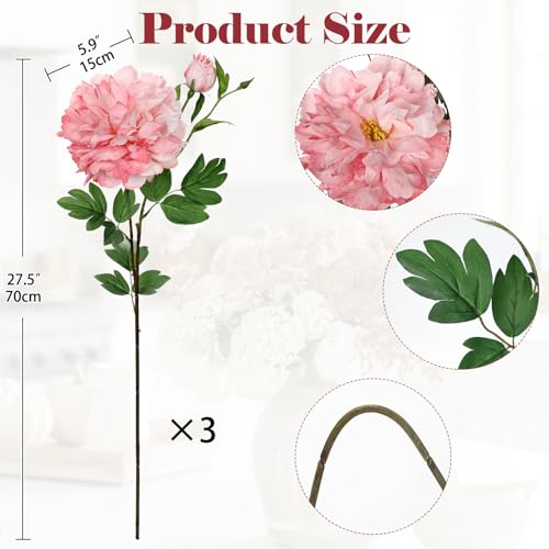 3Pcs Pink Peonies Artificial Flowers 27.5" Fake Flower Silk Flowers with Long Stem Floral Arrangements Bouquets Faux Peony Flowers for DIY Wedding Party Centerpieces Decor Home Office Decoration - color: Pink Peony