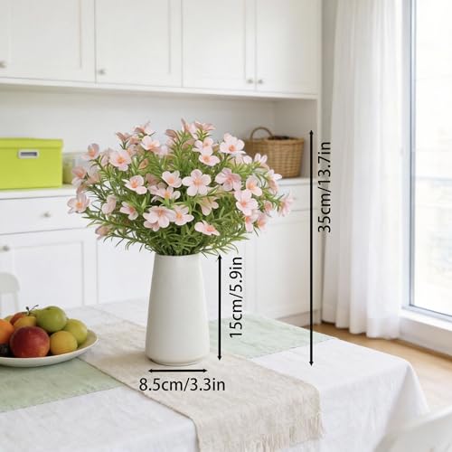 Artificial Pink Gypsophila Baby's Breath Flowers in Ceramic Vase, 6 Inch White Vase with Faux Cosmos Arrangement, Farmhouse Table Centerpiece for Home Office Shelf Desk Decor - color: Pink