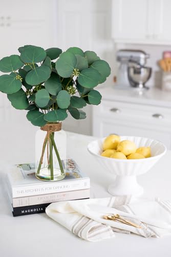 Briful Artificial Eucalyptus Stems in Clear Glass Vase with Faux Water, 14" Fake Plant Eucalyptus Leaves for Home Office Farmhouse Wedding Centerpiece Décor - color: Dark Green