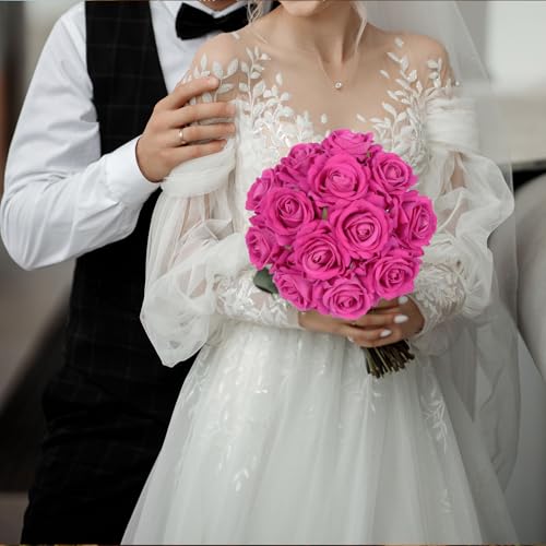 Hot Pink Roses 16pcs Velvet Artificial Roses with Stems Hot Pink Artificial Flowers 3.15" for Bridal Bouquet Wedding Flowers for Floral Centerpieces Home Party Decor (Hot Pink) - color: 3.15" Hot Pink