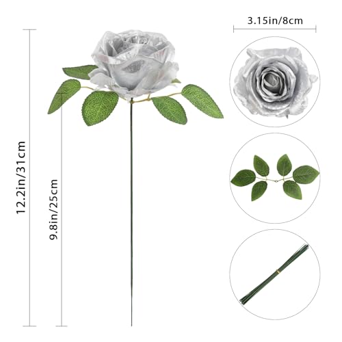 20pcs Silver Roses Artificial Flowers Fake Roses Real Looking Silk Flowers Bulk Big Faux Flowers with Stems for Wedding Centerpieces Table Home Party Decor Bridal Floral Arrangements (Silver) - color: Silver