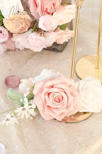 Floroom Blush Peach Pink Artificial Flowers Cream Fake Roses Peonies and Greenery Combo Box Set for DIY Wedding Bouquets Bridal Shower Centerpieces Floral Arrangements Party Tables Home Decorations - color: Blush Peach Dream