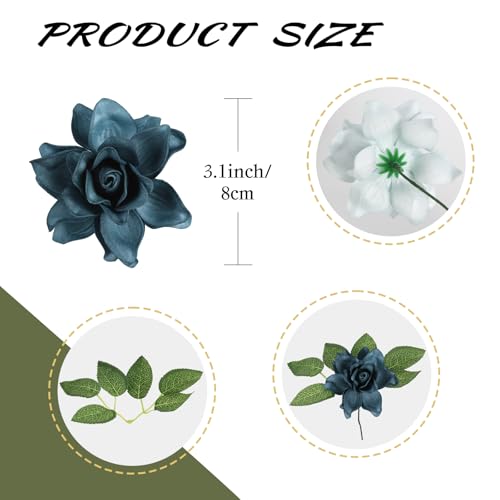 IPOPU 25PCS Artificial Gardenia Flowers 3.15’’ Dusty Blue Shades Fake Flower Heads Foam Roses with Stems for DIY Wedding Bouquets Party Home Centerpieces Decor(Dusty Blue Shades) - color: Dusty Blue Shades