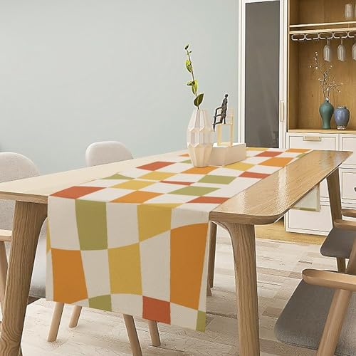 Retro Groovy Hippie Table Runner Vintage Twisted Geometric 1960s Sage Green Trendy Wavy Checkered Dinner Runner for Country Farmhouse Kitchen Birthday Party Holiday 36X13inch - color: Checkered-11, size: L36"x W13"
