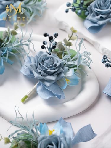 Dusty Blue Rose Boutonniere for Men,Set of 6,Groomsmen Groom Boutonnieres for Wedding Corsage Ceremony Anniversary, Formal Dinner Party, Fall Vintage Rustic Marriage Prom Flower - color: 6pcs Blue Boutonnieres
