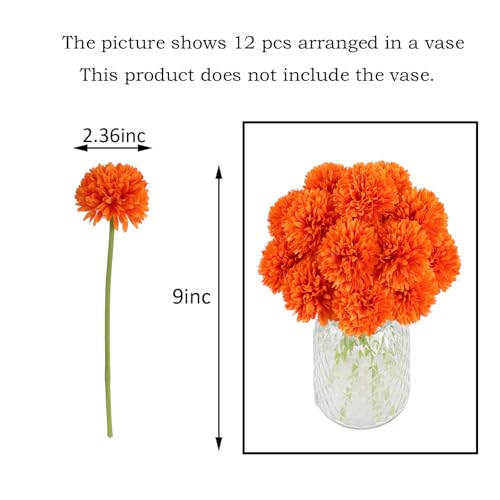 12pcs Orange Artificial Flowers Fake Flowers Silk Artificial Chrysanthemum Ball Hydrangea Bridal Wedding Bouquet for Home Garden Party Decor (Orange) - color: Orange，12pcs