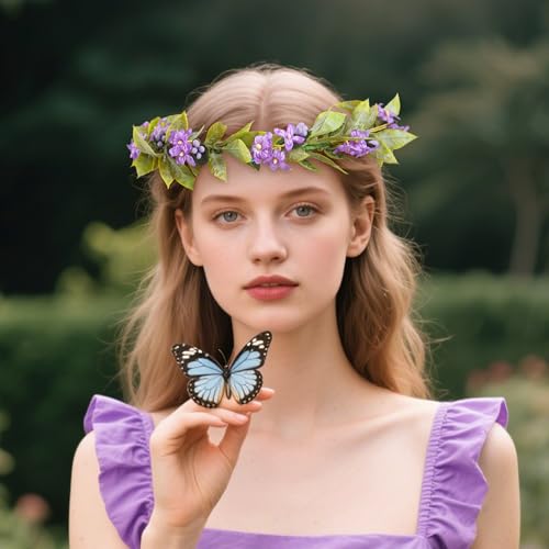 Fairy Flower Crown Headband, Artificial Purple Floral Green Leaf Headpiece, Boho Bridal Flower Headbands for Women Girls Renaissance Cosplay Wedding Birthday Party Hair Accessories - color: Bohemian Purple