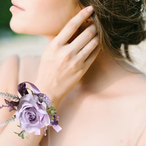 Purple Wrist Corsage Wristlet Band Bracelet and Men Boutonniere Set for Wedding Party Bridal Shower Homecoming Ceremony Anniversary for Girl Mother Bride Bridesmaid Groom Groomsmen - color: Purple Corsage and Boutonniere