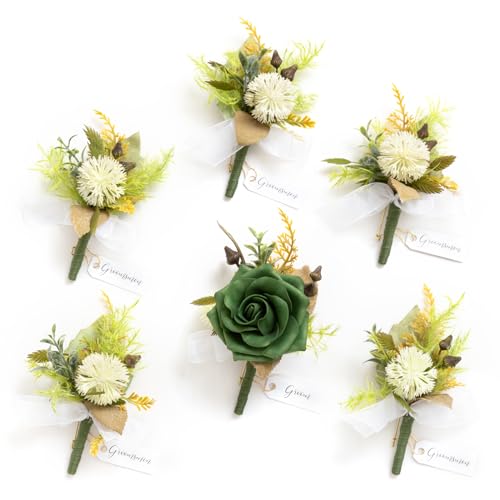 Ling's moment Boutonniere for Men, 6pcs Groom Groomsmen Boutonniere, Artificial Flowers for Wedding Decor/Prom/Homecoming, etc.Emerald Green Beige - color: Grn-emerald Green & Beige