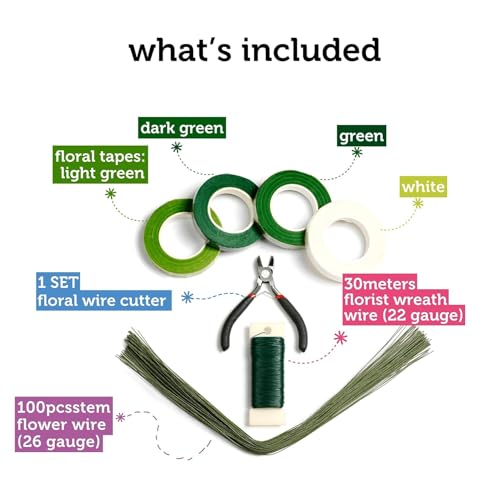 Incraftables Floral Tape & Wire Bundle – 4 Rolls (White, Light Green, Green, Dark Green), 100pcs Stem Wire, 30m Wreath Wire, Wire Cutter – Complete Bouquet & Flower Crafting Kit