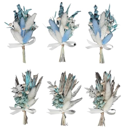 Mini Dried Flower Bouquet Set (6 pcs), Small Blue Bouquet, Boho Wedding Dinner Plate Decoration, Groom's and Best Man's Boutonnieres, Bridesmaid Flower Girl Proposal Gift Box, Card Decoration - color: Blue