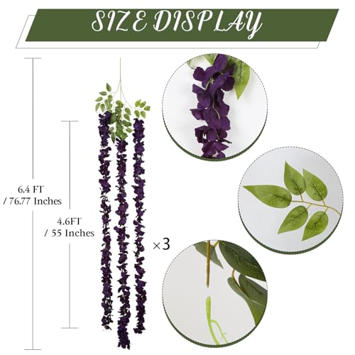 IPOPU Dark Purple Wisteria Hanging Flowers Garland 6.4FT Wisteria Garland Hanging Flowers for Decoration for Wedding Arch, Backdrop, Garden Party Decor, 3 PCS (Dark Purple) - color: Dark Purple