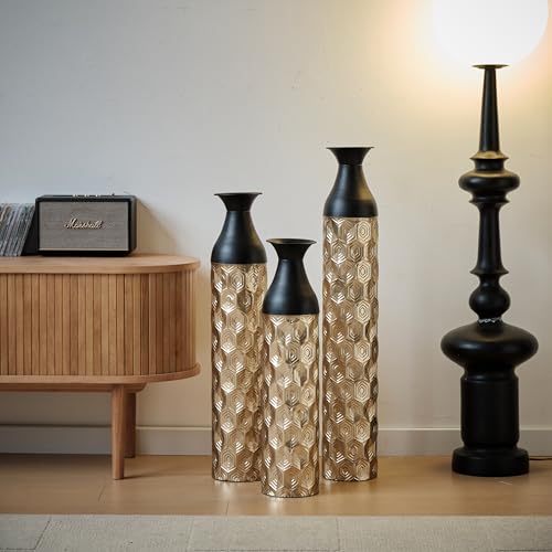 Metal Floor Vases Decorative, Set of 3 Flower Arrangement Stand, Metal Decorative Vase Tall Distressed Metallic Centerpiece Vases with 3D Triangle Pattern, 33.8", 29", 24.8" H (Black1＆Gold1) - color: Black1＆gold1