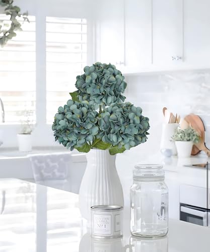 Hollyone 3Pcs Blue Hydrangea Artificial Flowers 28.7" Real Touch Large Faux Silk Hydrangeas Flowers with Stems Fake Flower for Home Wedding Floral Arrangement Centerpiece Table Vase Fall Decor - color: Blue