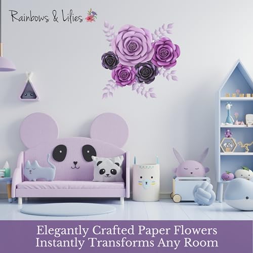 Rainbows & Lilies 10pc Large Paper Flowers Decorations for Wall – 3D Flower Wall Backdrop for Nursery, Girls Room, Baby Shower, Wedding, Bridal Shower – Pre-Assembled Reusable Purple Rose Decor Set