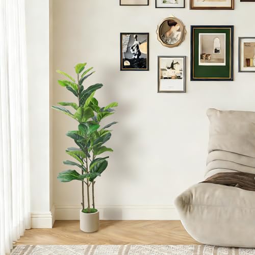 Alupssuc 4FT Artificial Fiddle Leaf Fig Tree with White Planter Pot, 4 feet Tall Fake Tree for Home Decor, Faux Ficus Tree Fake Moss for Indoor Outdoor Office Living Room - size: 4ft