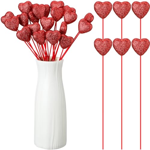 ZCYSRLQIN 6 Pcs Valentine's Day Glitter Foam Hearts Sticks Foam Heart Picks Sparkly Hearts Stems Puffy Heart Wooden Picks for Valentine Wedding Decorations Flower Arrangements Crafts (Red) - color: Red, size: 6 Pcs
