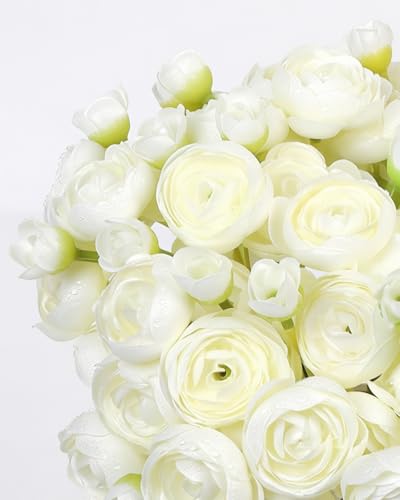 24 Pcs Ranunculus Artificial Flower Faux Silk Mini Ranunculus Flowers Fake Flowers for DIY Bouquet,Centerpieces Tables, Wedding Decor, Bridal Shower Decorations,Home Decor(White) - color: White