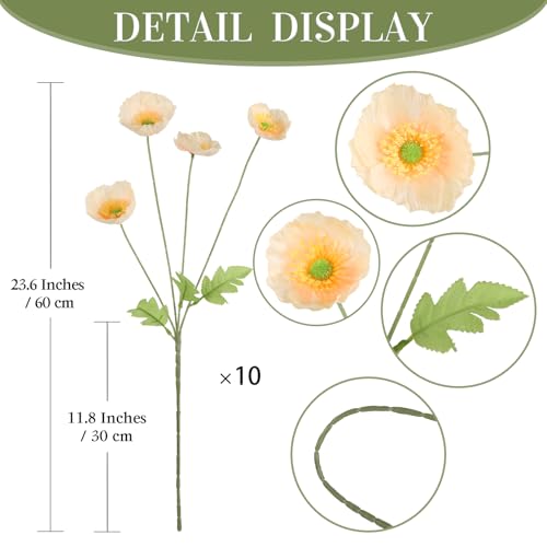 10 Pcs Artificial Poppy Flowers with 40 Heads Lifelike Silk Fake Poppies for Vase Faux Poppies Flowers for Spring Wedding Home Table Centerpiece Baby Shower Veterans Day Decoration (Champagne) - color: Champagne