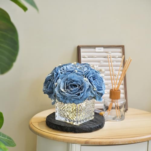 Artificial Rose in Glass Vase Vintage Silk Flower Arrangement with LED Light for Table Centerpiece Home Wedding Decoration (Dusty Blue) - color: Dusty Blue