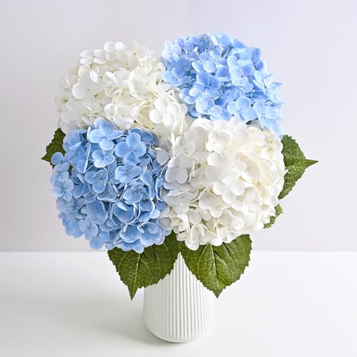 MARTINE MALL 4Pcs 21in Hydrangea Artificial Flowers, Latex Real Touch Hydrangeas Lifelike Large Hydrangea Flowers for Home Decor Party Arrangements Wedding Bouquets Centerpieces (2 White & 2 Blue) - color: White & Blue, size: 4Pcs