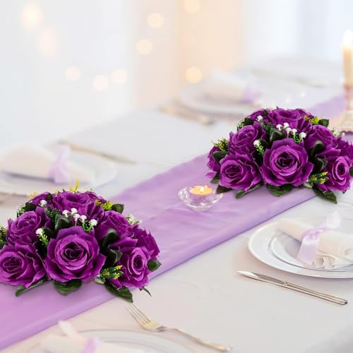 BLOSMON Flower Balls Wedding Rose Centerpieces 10 Pcs Purple Fake Flowers with Base Kissing Balls Decor Artificial Floral Arrangements Flower Bouquet of Roses Home Party Table DIY Decorations - color: Purple