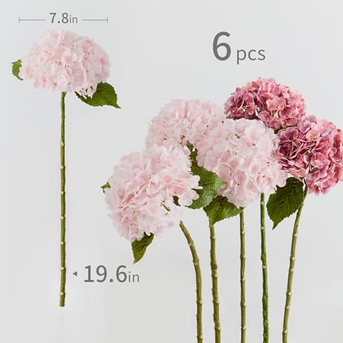6 Pcs Pink Hydrangea Flowers Bouquets Silk Hydrangea Flowers with Stems Faux Hydrangea Stems for Home Wedding Party Table Core Decoration (Pink,6 Pcs) - color: Pink