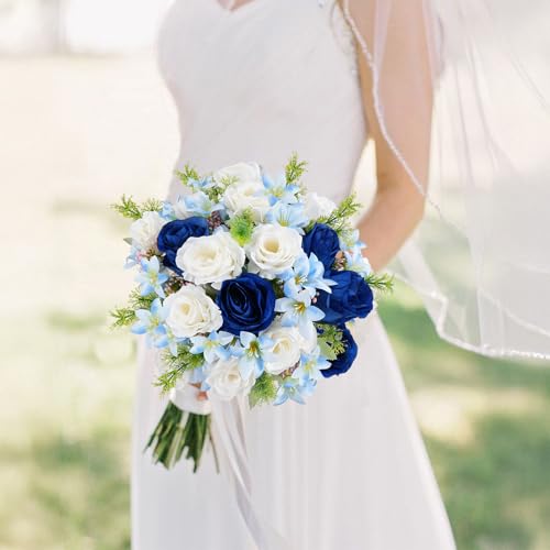 14.57" Blue and White Artificial Flowers Bouquets Fake Silk Roses and Lily Flower Faux Floral Arrangements for Bride Wedding Reception Home Decor Indoor