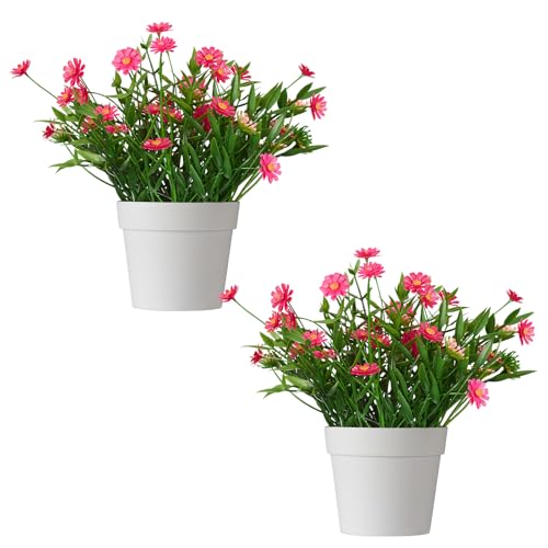 Fake Plants Daisy for Bathroom Decor, Small Potted Artificial Plants Indoor for Shelf Desk Home Bathroom Farmhouse Room Coffee Table Decor, Red (Pack of 2) - color: Red