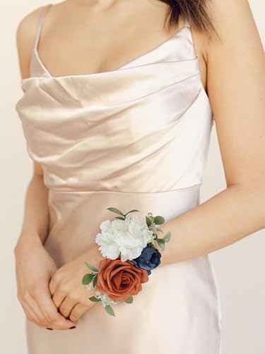 Rinlong 2Pcs Navy Terracotta Wrist Corsage for Wedding, Prom, Homecoming | Bridesmaid, Mother of the Bride Corsage - color: 12-navy & Terracotta