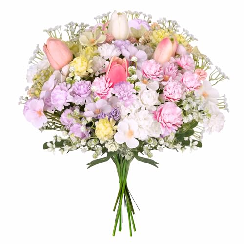 Florielle Artificial Hydrangea Bouquet Fake Silk Flower with Faux Tulips Baby's Breath for Spring Summer Wedding Centerpieces Home Decor Party Table Floral Arrangements (Multi Color) - color: Multi Color