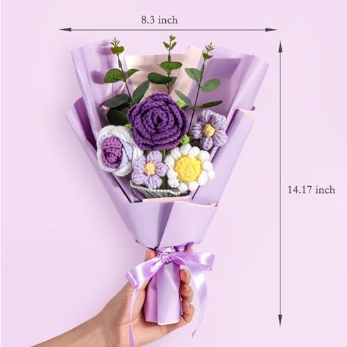 Omldggr Completed Crochet Flower Bouquet, Purple Handmane Knitted Bouquet, Rose Daisy Mix Crochet Bouquet Flowers for Mother's Day Graduation Birthday Wedding Valentine Day Gifts (with Card) - color: Purple-rose
