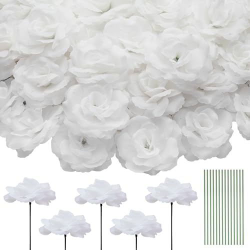 50 Pcs Rose Flower Head, Artificial Flowers Bulk for DIY Crafts, 3in Fake Rose Silk Flower Head wit Stem, Faux Flowers for Decoration, Wedding Home Party Decor Garland Decor (50, Pure White) - color: Pure White