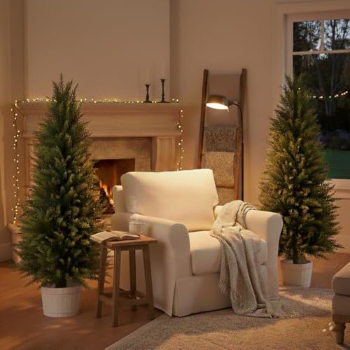 4FT Artificial Cedar Topiary Trees 2 Pack, Resistant | Lifelike artificial cypress topiary, protected. No watering. For porch, patio, garden, home office. - size: 4FT