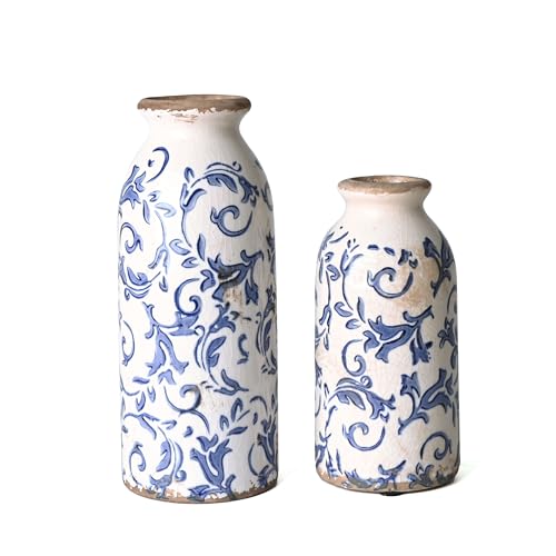 VICTOR & TERESA Blue and White Ceramic Vases Home Decor, Farmhouse Vase for Flowers, Flower Vase Set of 2, Rustic Decorative Vases for Pampas Grass, Table, Living Room, Shelf, Centerpieces, 8 inch - color: Blue and White