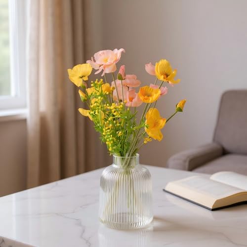20pcs Artificial Poppy Flowers - Fake Flowers in Vase Silk Decor. Artificial Flowers All-in-One with Clear Glass Vase for Home, Office, Living Room & Table Decor - color: Pinkish Yellow