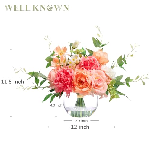 WELL KNOWN Artificial Flowers in Vase with Fake Water, Silk Peony Rose Flower Bouquet with Vase for Home Spring Decor Wedding Birthday Party Dining Table Centerpieces & Gift (Coral & Peach Plus) - color: Coral & Peach Plus
