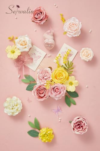 Serwalin Artificial Flowers,Pink Yellow Silk Fake Flowers Box for DIY Wedding Bridal Bouquet, Wedding Cake Flowers for Table Centerpieces Birthday Party Bridal Shower Home Decorations - color: A Pink Yellow, size: 1 Box