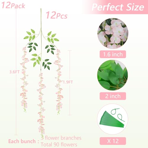 12Pcs Artificial Wisteria Hanging Flowers, 3.6Ft/Pcs Pink Fake Wisteria Garland for Wedding Party Home Garden Indoor Outdoor Decoration - color: Pink, size: 12Pcs