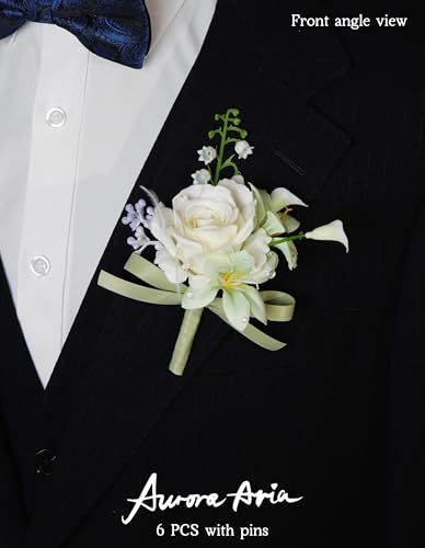 AuroraAria Pearl White Boutonniere for Men,Set of 6,Groom Boutonniere for Wedding,Anniversary,Homecoming,Formal Dinner Party,Wedding Decor,Artificial Pearl White Rose - color: Pearl White