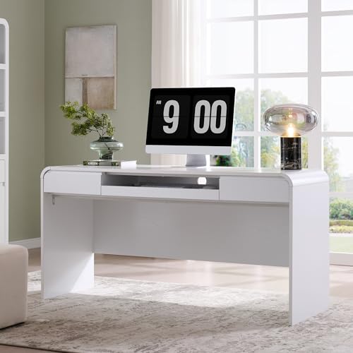 63" Modern Computer Desk with 2 Drawers, Wood Curved Executive Desk with Keyboard Tray & Power Outlet, Writing Desks with Storage for Home Office, Study Room, Living Room (White) - color: White