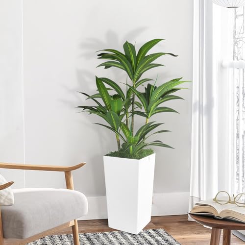 Artificial Dracaena Tree 4FT with White Tall Planter,Fake Green Plant with Natural Wood Trunk & Lifelike Leaves, Aritificial Yucca Plant for Home Office Decor,Housewarming