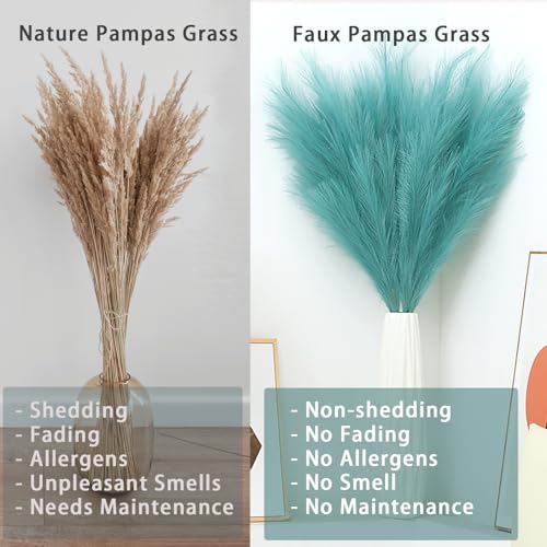 38" 10 Stems Faux Pampas Grass Decor - Tall Pampas Grass for Floor Vase Fluffy Artificial Pampas Grass for Boho Home Wedding Mothers Day Decoration（Lake Blue） - color: Lake Blue